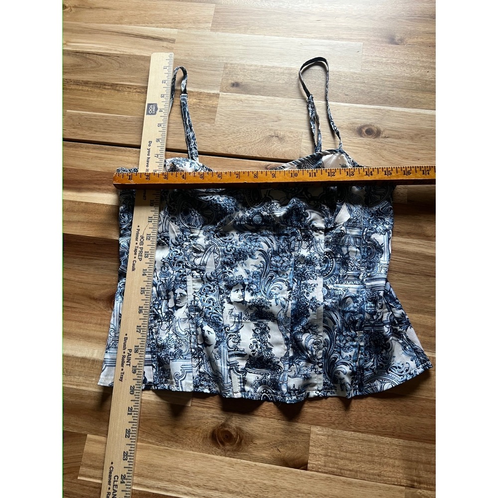 PrettyLittleThing Blue Renaissance Toile Print Corset Top Zip back coquette chic - Picture 6 of 8